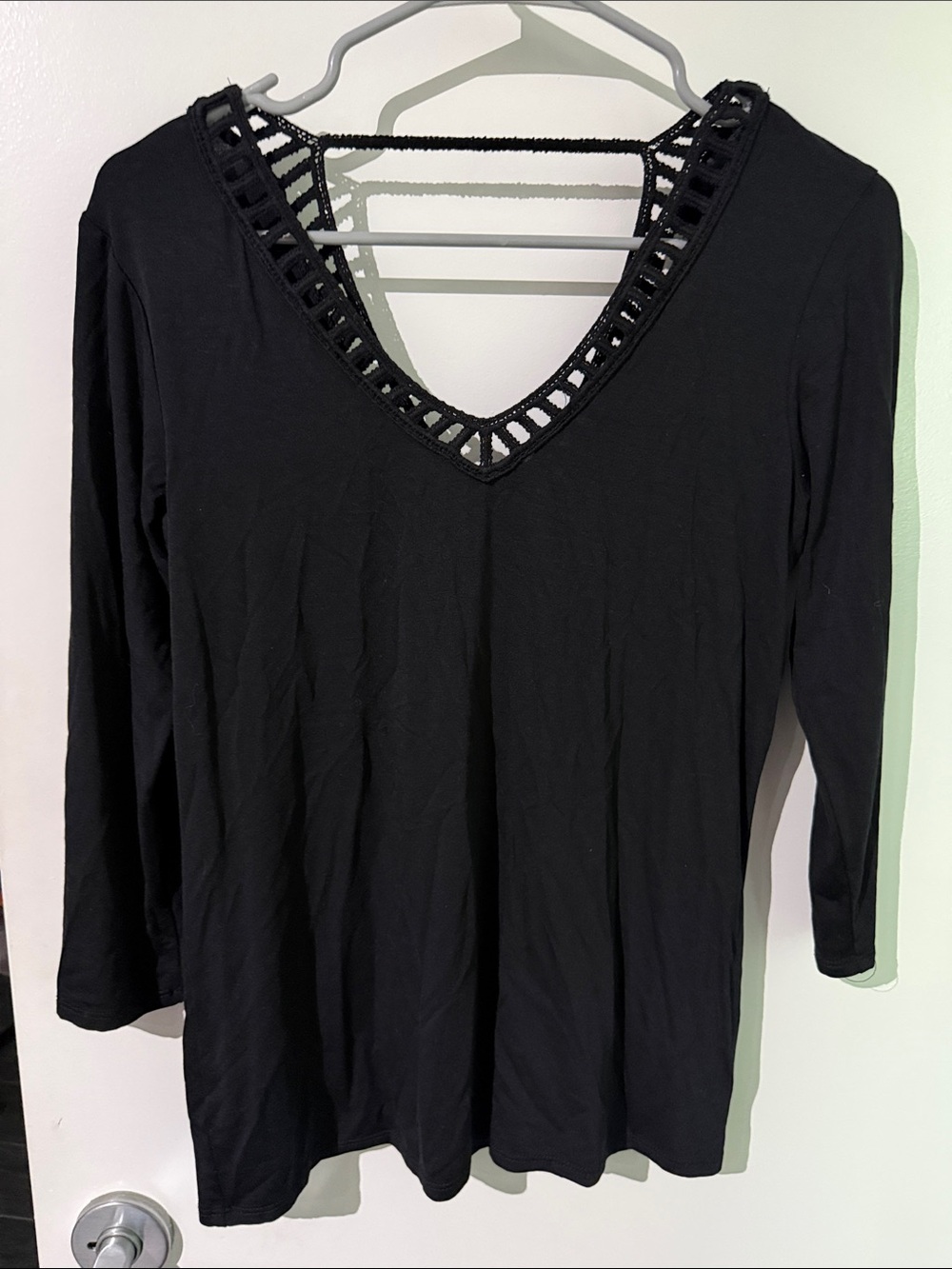 Black V-Neck Long Sleeve Top with Crochet Trim
